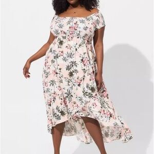 Torrid Maxi Challis Floral Off-Shoulder tulip high low Dress